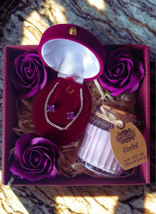 Gift Set with Silver Bracelet, Earrings, Violet Candle & Soap Roses